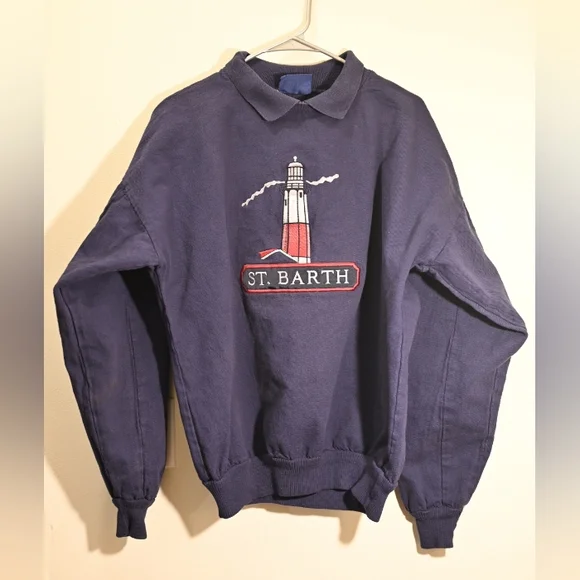 Oarsman Embroidery St Barth Oversize Navy Blue Cotton Sweater Coastal Nautical M - Picture 2 of 14
